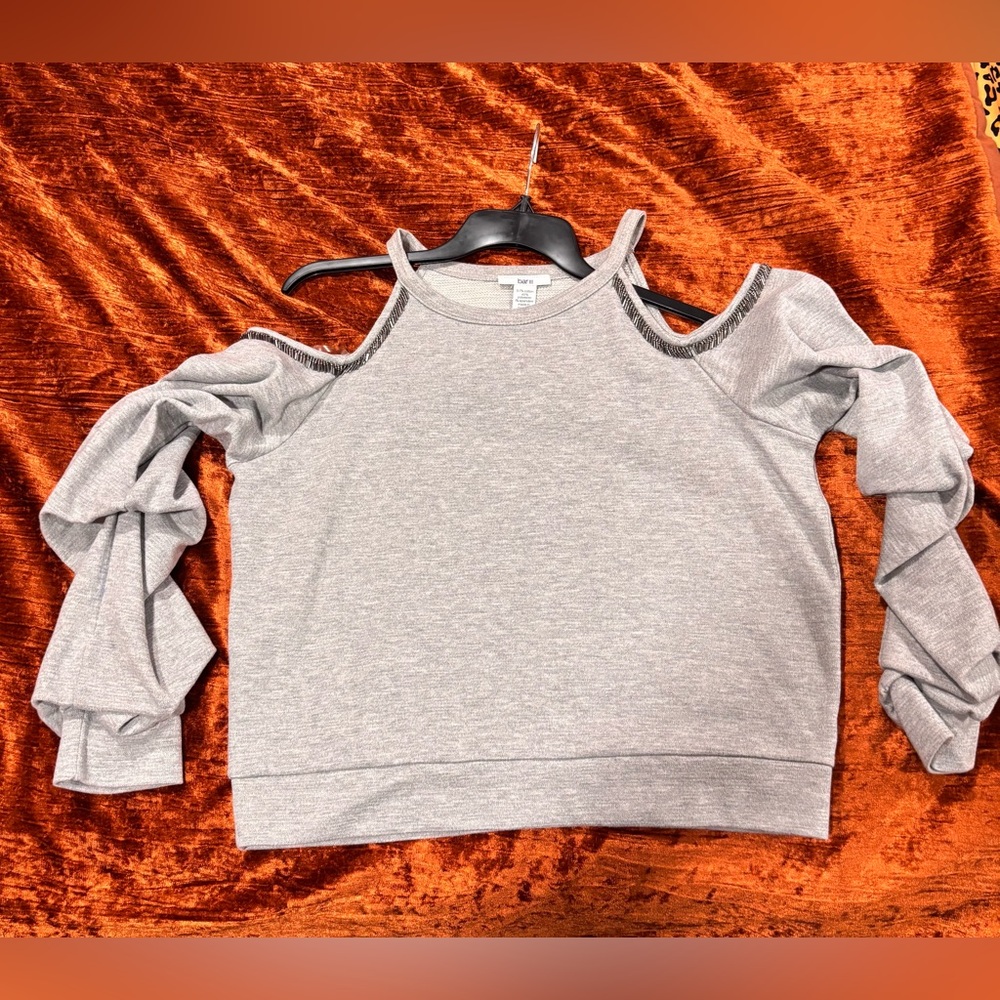 Bar III Heather Grey Cold-Shoulder Sweatshirt with beaded/embellished trim.